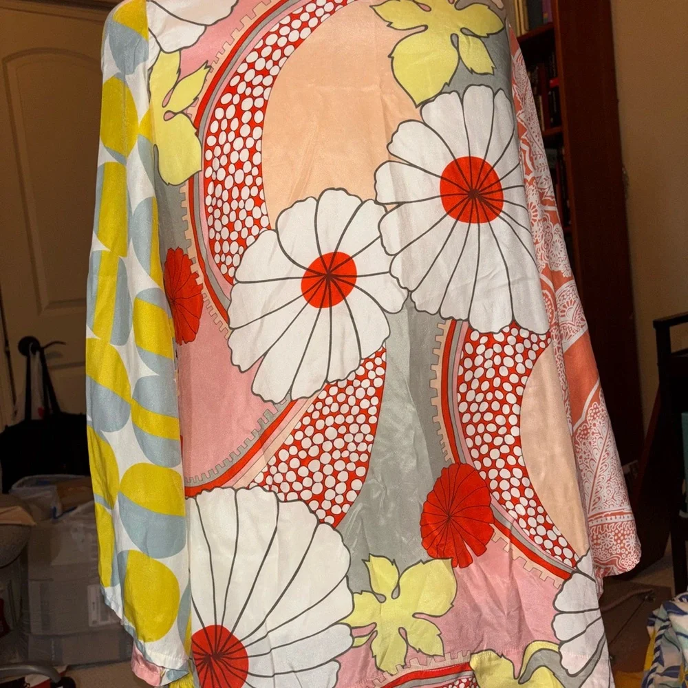 Eloise 100% Silk Kimono- Orange, Yellow, and Green pattern o/s ANTHROPOLOGIE - Picture 5 of 5